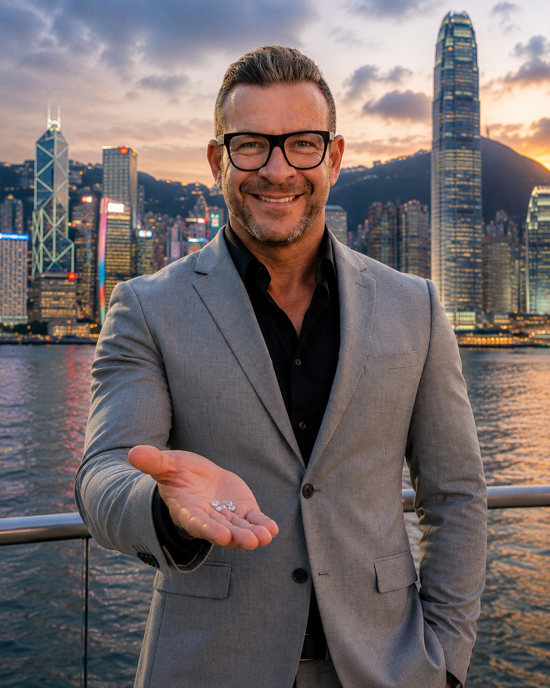 Robert — Diamond Leader von Diamond Solution Global, mit Diamanten vor der Skyline